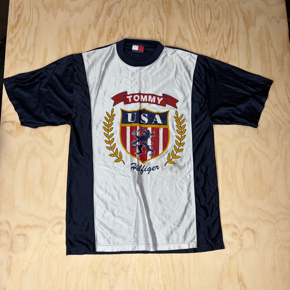 Vintage Tommy Hilfiger USA Jersey T-Shirt Navy White Crest Graphic Mens XL